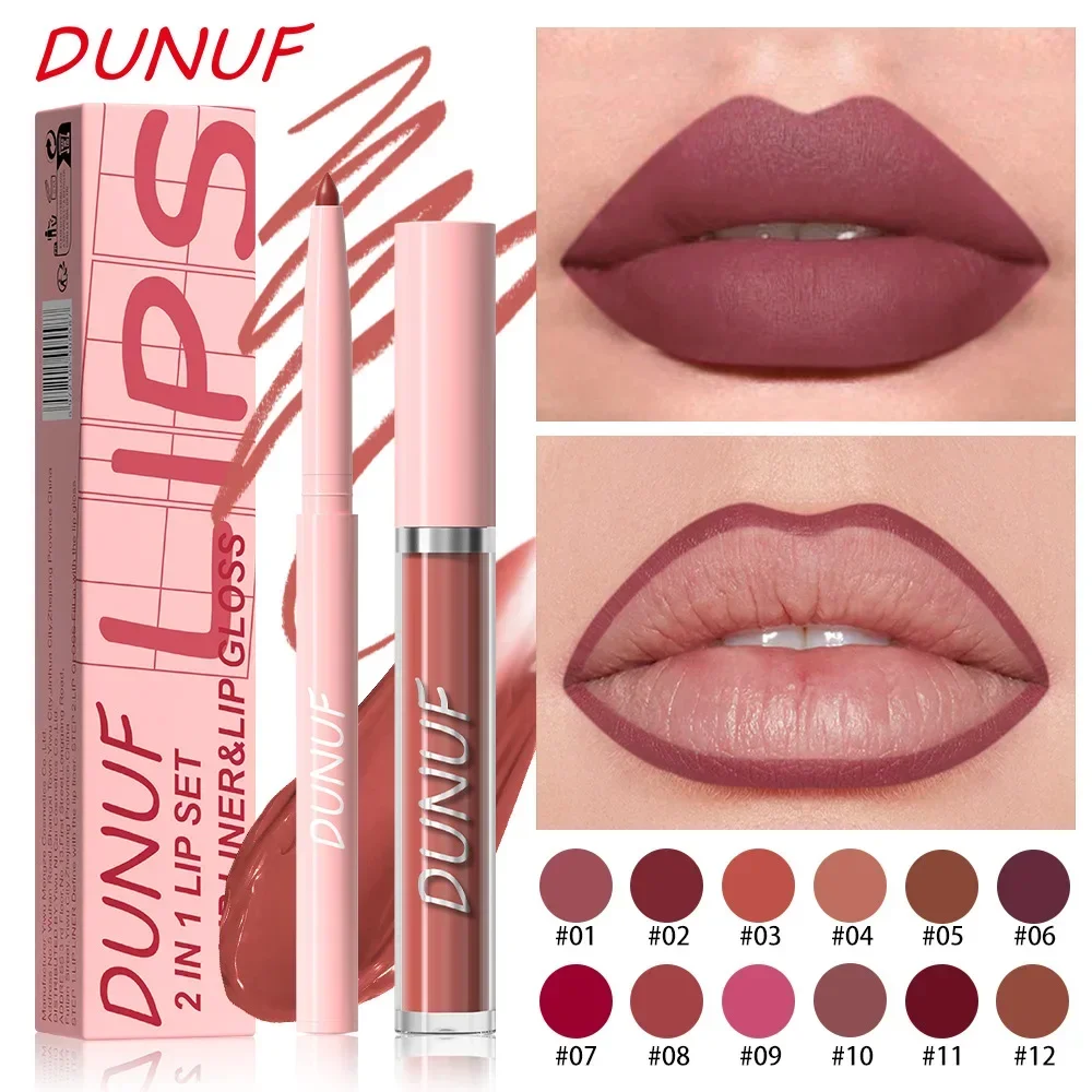 DUNUF 2 IN 1 ลิปสติก Lipliner ชุดปากกา Matte Nude Lip Liner ดินสอกันน้ําลิปสติกติดทนนานปากกา Contour แต่งหน้าสําหรับผู้หญิง