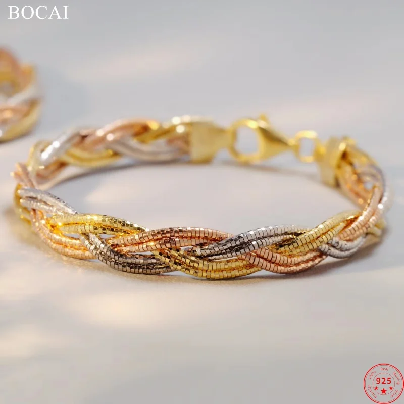 BOCAI S925 Sterling Silver Bracelets 2022 Christmas New Classic Wide Six Wires Tricolor Braided Fashion Women's Hand Jewelry