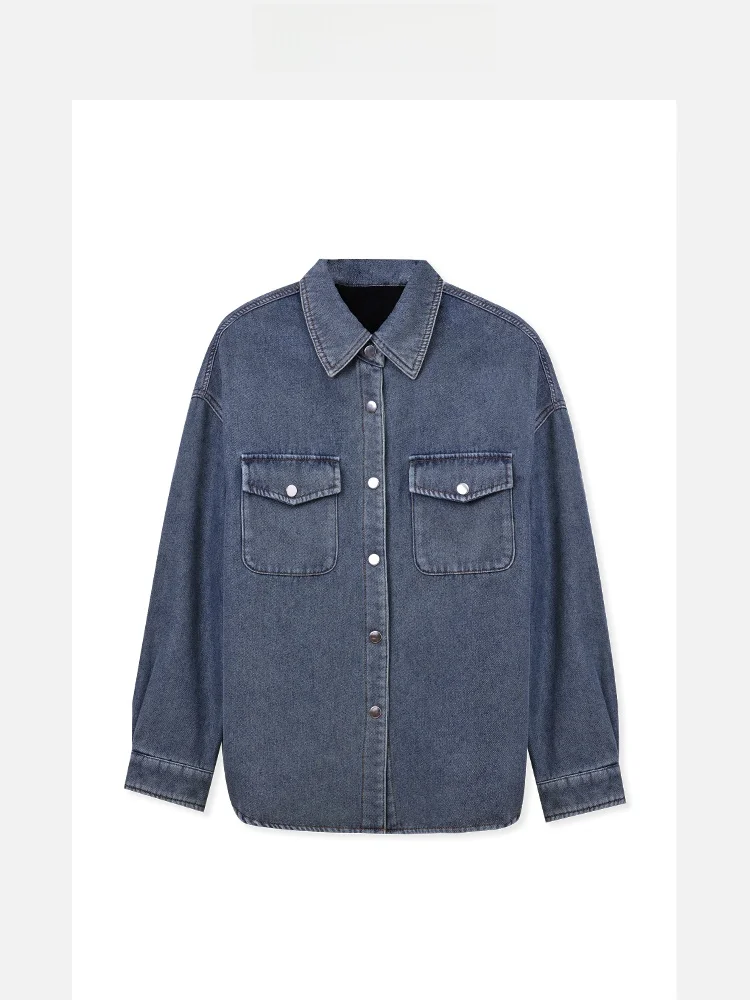 

Свободная джинсовая рубашка с флисовой подкладкой, синяя, женская, повседневная, модная, осенне-зимняя, дышащая, удобная, из полиэстера и хлопка