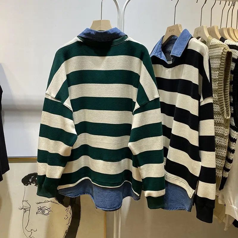 Sudaderas de manga larga con cuello vuelto para mujer, jerséis de dos piezas falsas de Color de contraste a rayas, Tops de moda, primavera y otoño,