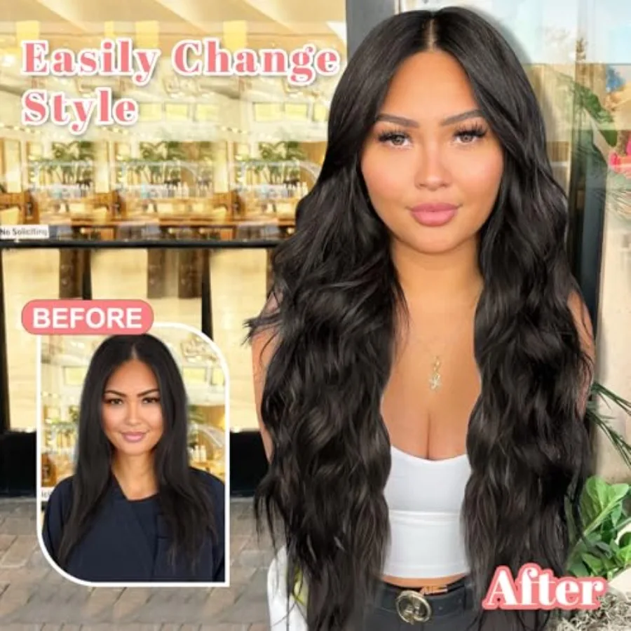 وصلات شعر صناعية طويلة مموجة من كليبين 24 بوصة أسود طبيعي 4 قطع شعر سميكة للنساء مع شعر من ألياف اللحمة المزدوجة