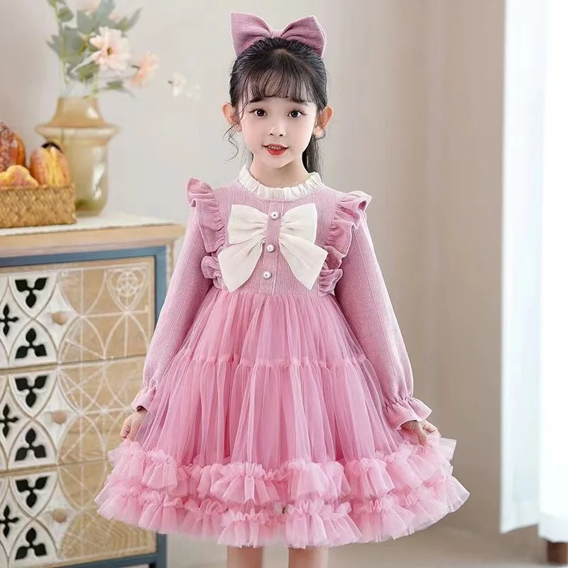 Princess Corduroy Dress Girls Autumn Winter Bow Mesh Gown Children Wedding Birthday Party Tulle Vestidos Kids Fashion Clothing