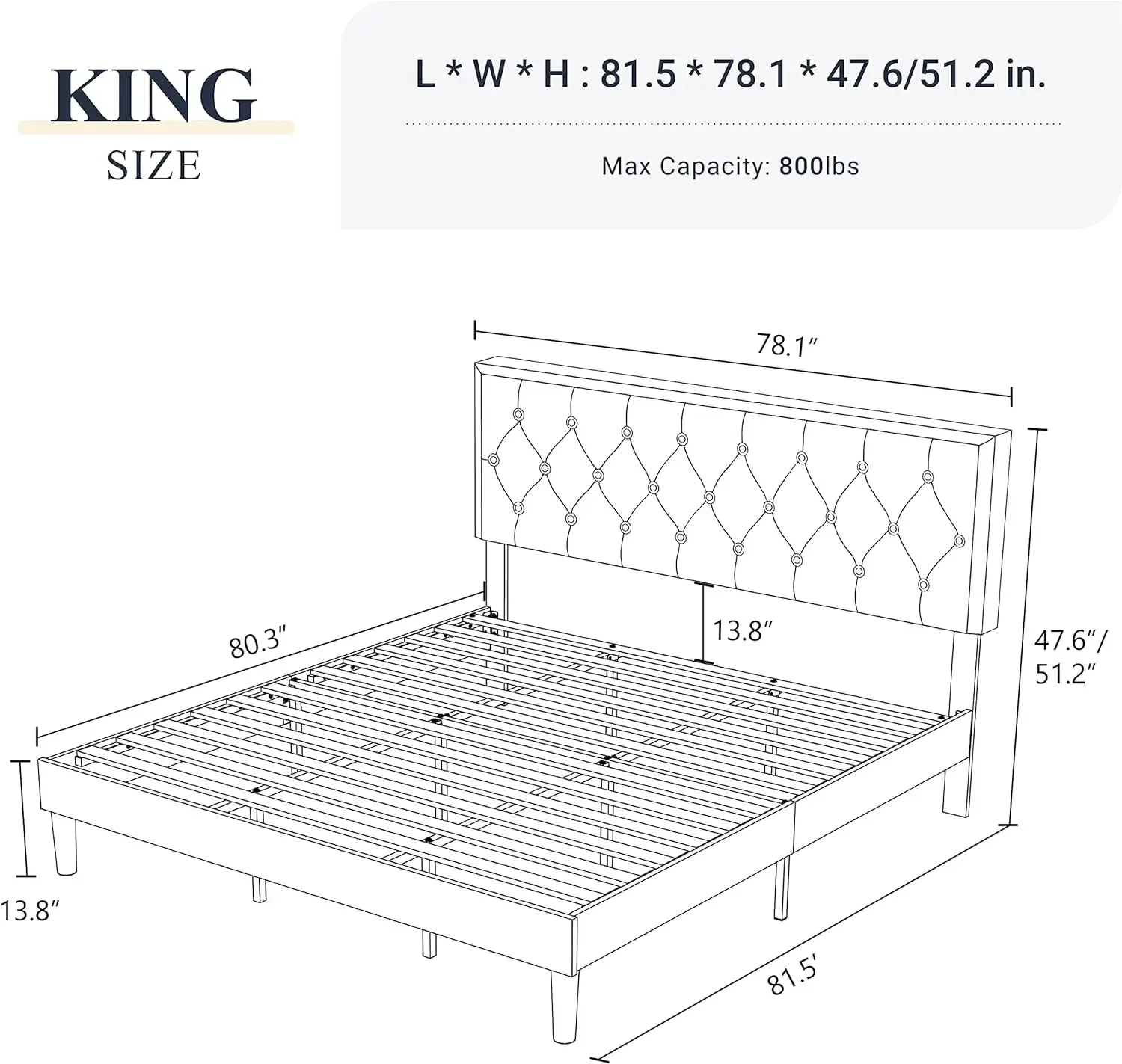 Allewie King Size Platform Bed Frame/Fabric Upholstered Bed Frame with Diamond Button Tufted Headboard/Adjustable