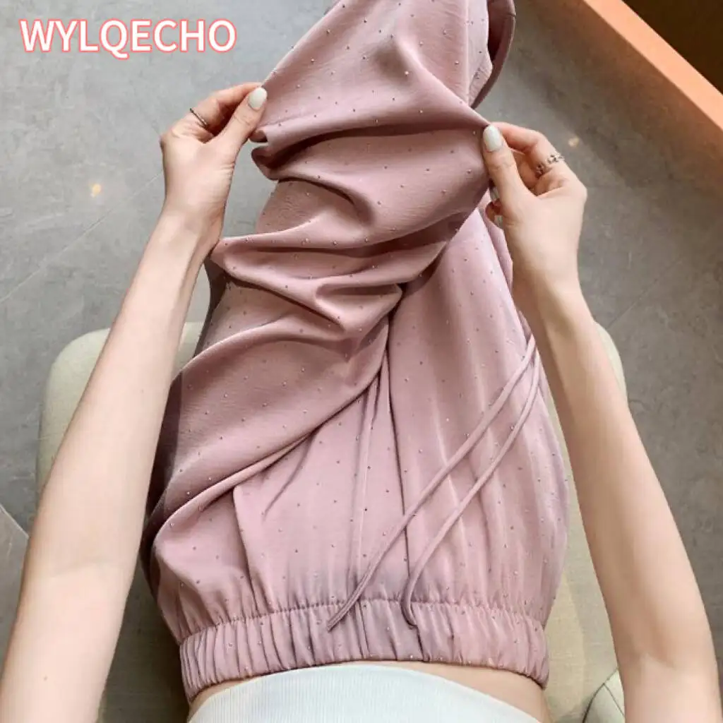 Y2k Pants Woman Elastic Waist Hot drilling Ice Silk Wide Leg Trousers Shiny Full Length Straight Female High Street 2024 Fashion