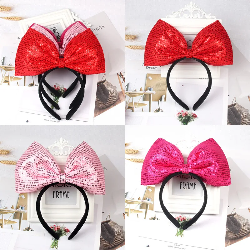 Big square Minnie Mouse Bow Headband Sequin Hairband Girls Hair Accessories Glitter Headwear Women Party Christmas Headband