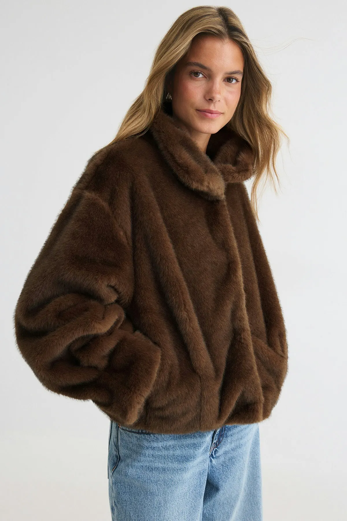 DFDG Women 2026 Faux Fur Short Coat Stand Collar Hidden Button Oversized Fluffy Plush Warm Winter Street Outerwear Fashion Fur