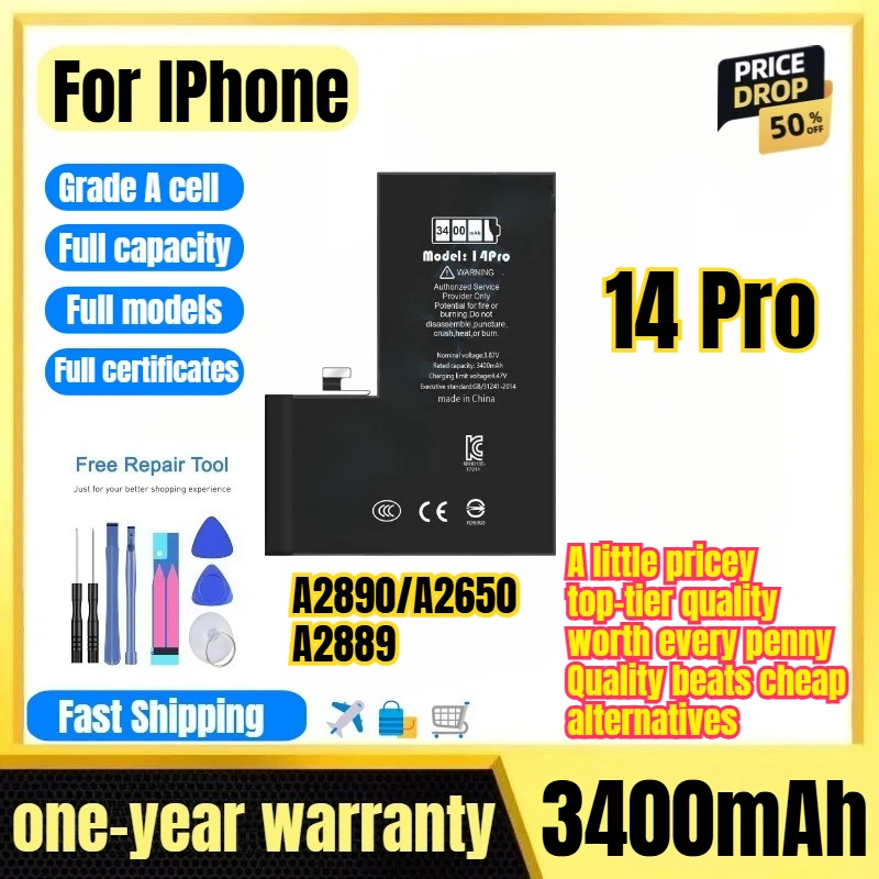 A2890/A2650/A2889 for IPhone14Pro  Phone Battery No Pop-up Interruptions Health 100% Replacement Bateria Grade A Cell with Tools