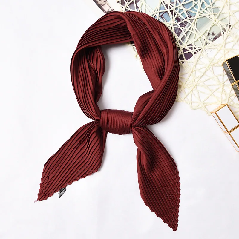 

Women Small Pleated Silk Scarf Solid Color Small Neckwear Bandana Rhombus Elegant Female Headband Decorated Summer Handkerchief