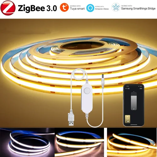Tuya Zigbee 3.0 COB LED 스트립 조명, 유연한 밝기 조절 조명, 알렉사 구글용 홈 데코, 따뜻한 흰색, 5V USB, 1m-5m, 320LEDs/m 