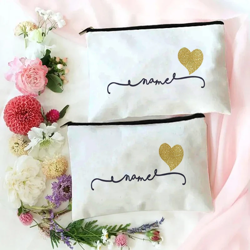 Customizable CuteGolden Heart MakeupBag Cosmetic PouchTravel ToiletryOrganizer for WomenPortable CanvasStorage Case for BeautyEs