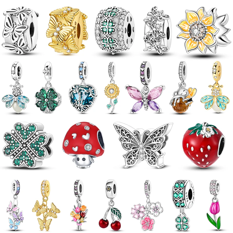 

925 Sterling Silver Spring Nature Charms Flower Butterfly Four Leaf Clover Dangle Beads Fit Bracelets Necklace Women DIY Jewelry