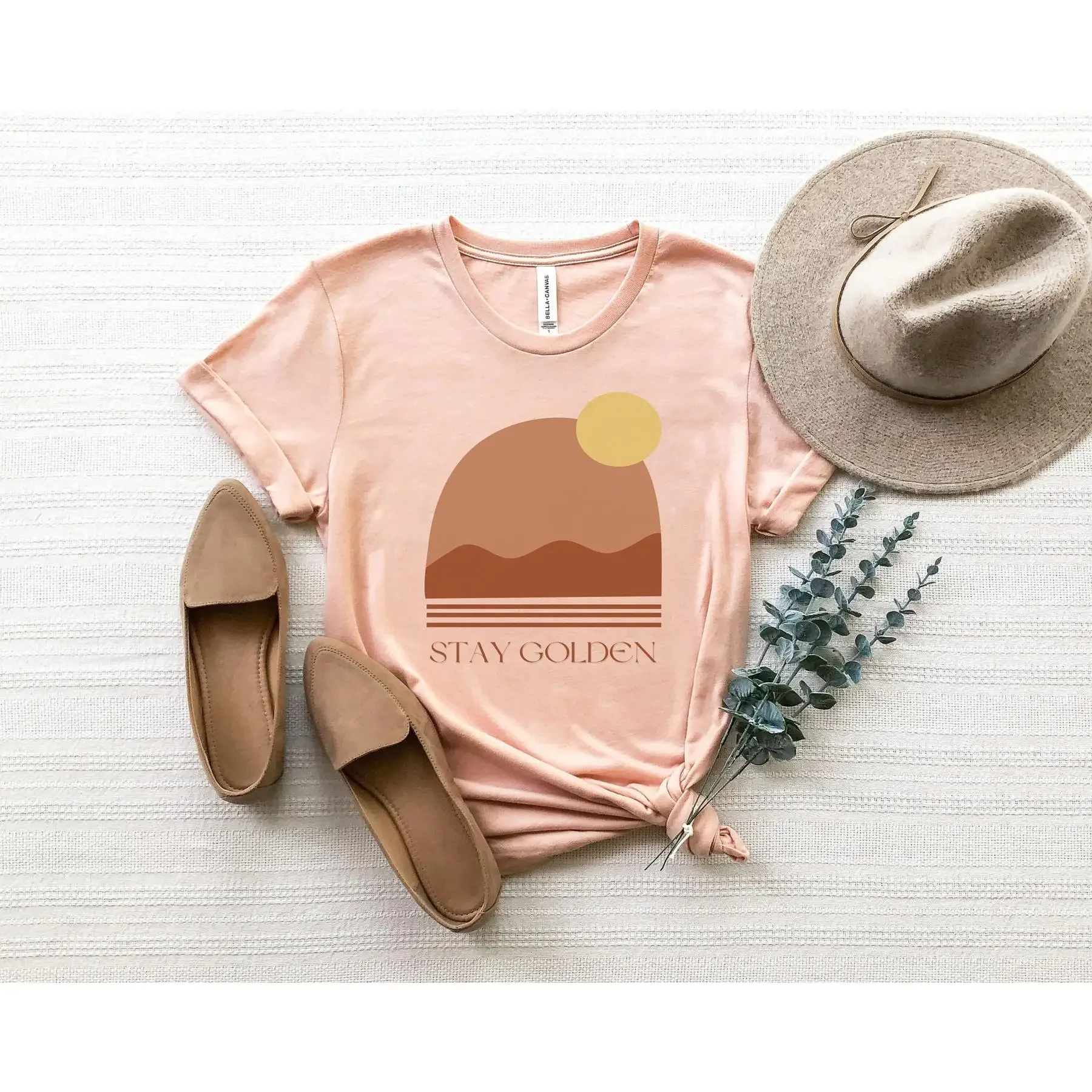 Stay Golden Boho T shirt for Women Minimalist Neutral Landscape Desert Sunset Abstract Mountain and Sun 70s Retro