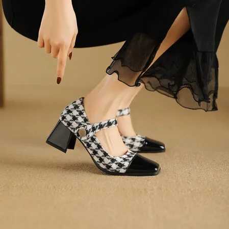 

Women Mary Janes Shoes Pumps Patent Leather High Heels Dress Shoes Square Toe Wedding Square Heeled Zapatos Mujer 2024 Sapatos