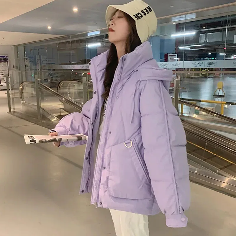 韓国スタイルの女性の厚い暖かいダウン綿ジャケットカジュアルフード付き秋冬綿入りアウターウェアパープル女性パーカー