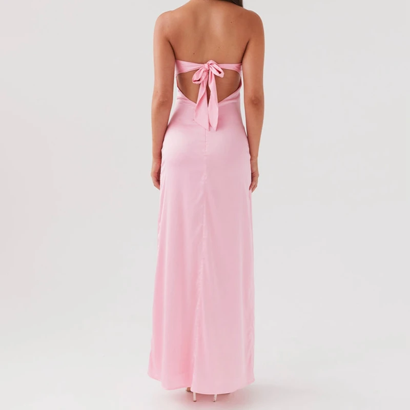 فستان Maemukilabe نسائي طويل بدون حمالات بلون سادة/طباعة الأزهار فستان طويل موضة الصيف بدون ظهر مع وشاح