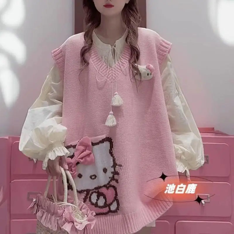 

Sanrio Hello Kitty Japanese College Sweet Fresh Cartoon Jacquard 3D Doll Bow Knitted V-Neck Stacked Sleeveless Sweater Y2K New