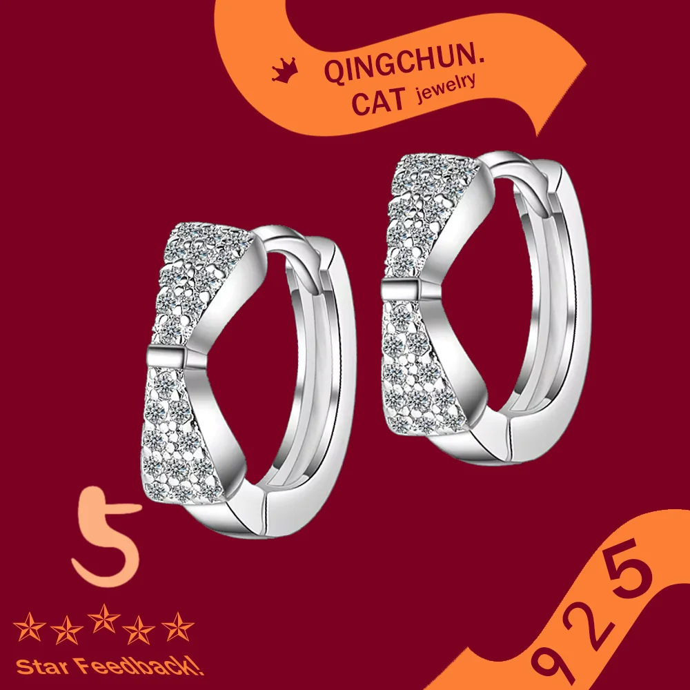 

925 Silver Crystal Zircon Row Thin Shiny Earring Stud Geometric Charming Simple Hoop Earrings For Women Bridal Ear jewelry 2026
