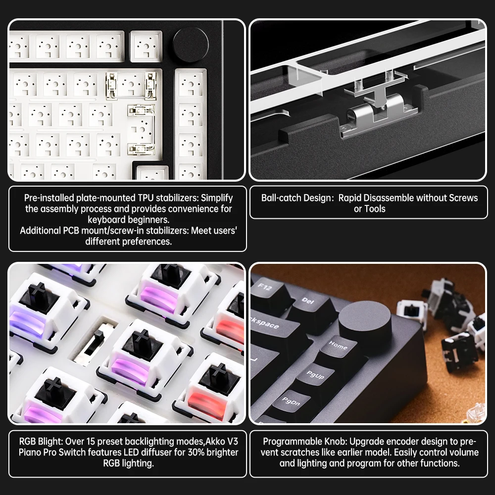 Akko MonsGeek Dallas V5 Leic-mode Mechanical Keyboard Barebone Kit, VIA 75%, 3/5 Pins, btHot Swap, RGB Rine, Démonter le joint