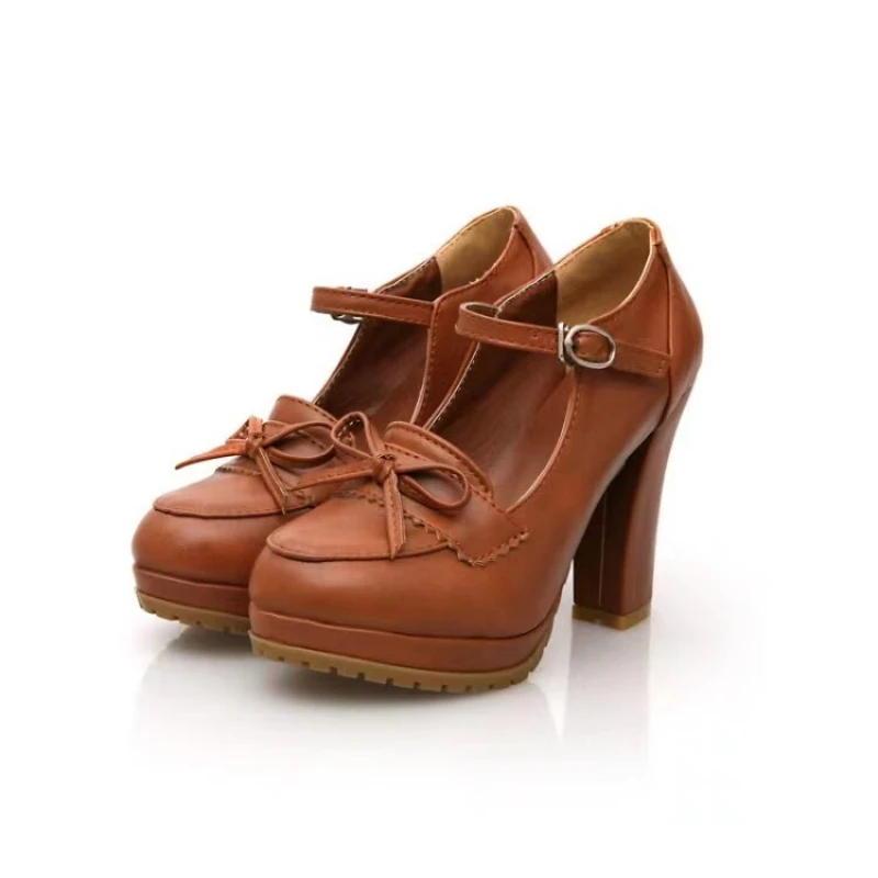 حذاء ماري جينس للسيدات من ORCHA LISA مع فيونكة بمقدمة مستديرة 11 سم وكعب عالي وحزام بإبزيم أسود مقاس كبير 43 نمط لطيف