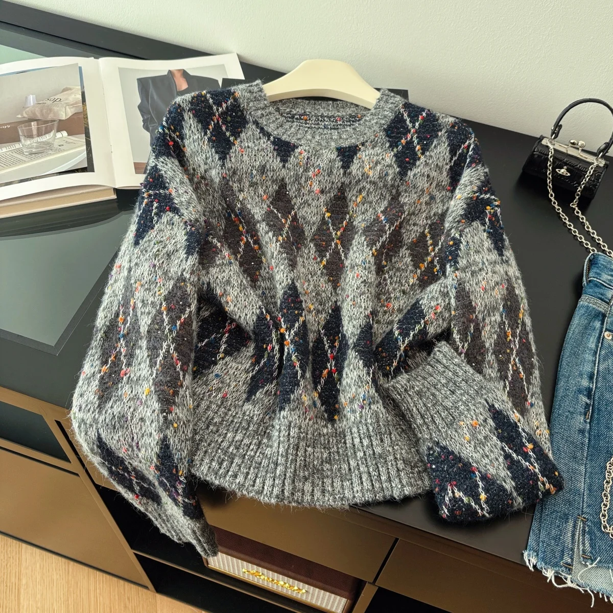 

Женский серый пуловер, клетчатый свитер 2000-х годов, винтажный джемпер, вязаный кашемировый свитер в корейском стиле с длинными рукавами, весна-осень