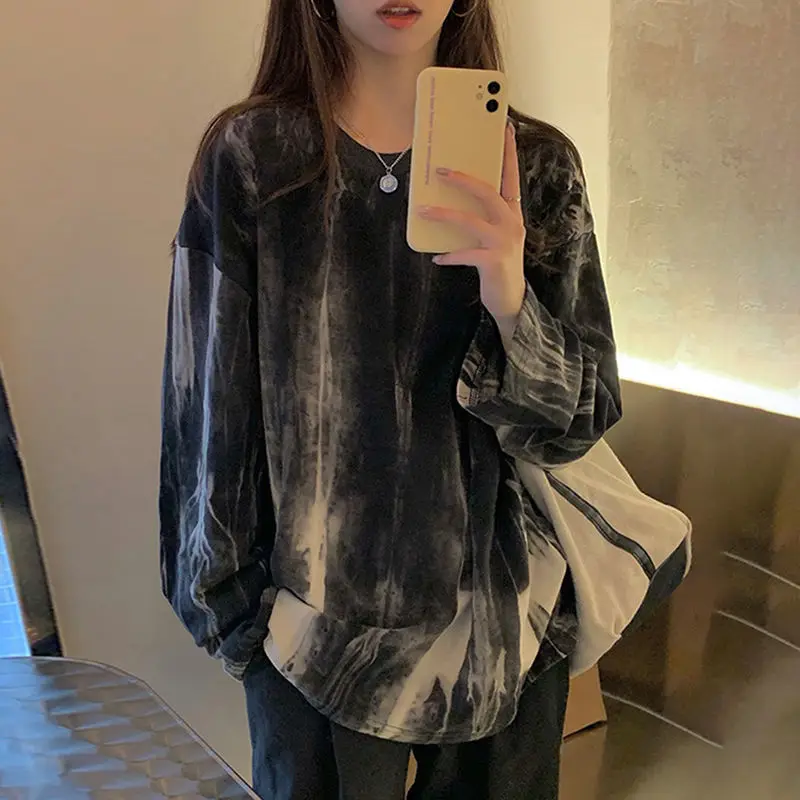Fall Tie Dye Print Women O Neck Long Sleeve T Shirts Korean Fashion Highstreet Harajuku 2xl Oversized Clothing Tops Black Unisex