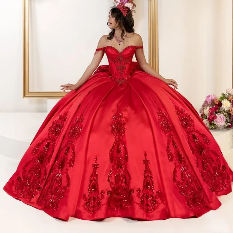 

Red Quinceanera Dress off-shoulder crystal Sequin decal Long tail Bow vestidos de 15 Quinceanera ﻿Customize