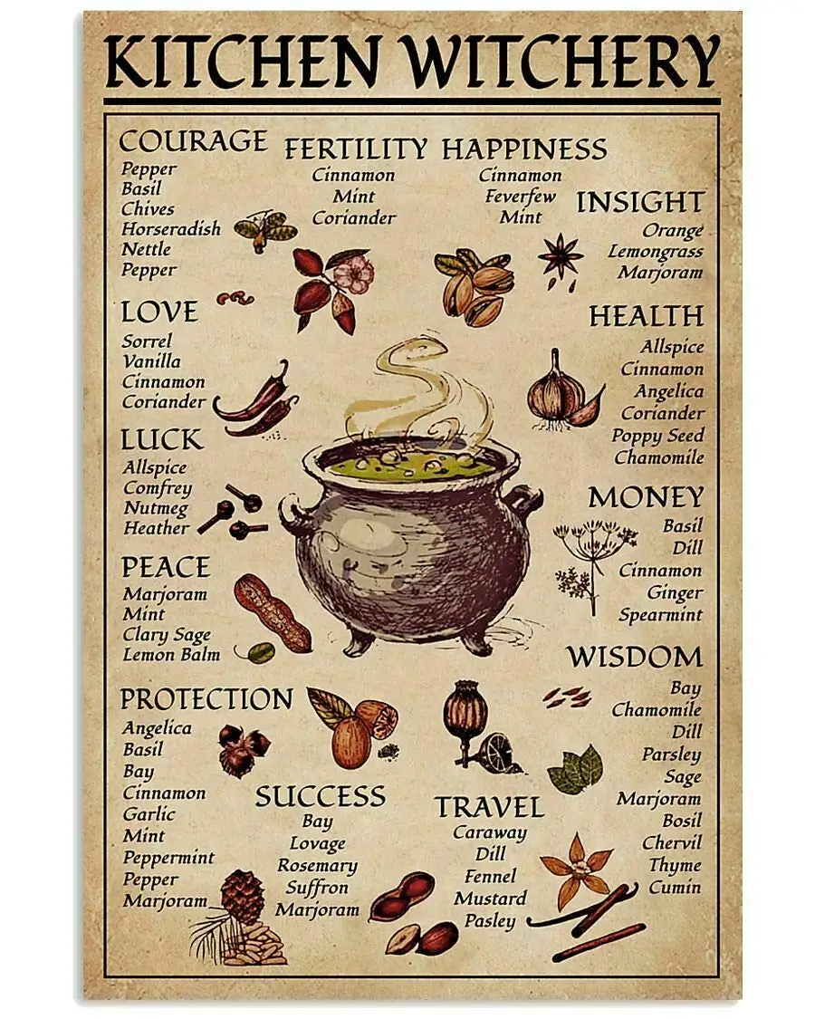 Spice and Cooking Herbs Witchcraft Witch Fun World Education Science Classroom Infographic Tin Sign Great Retro Gifts and Decora