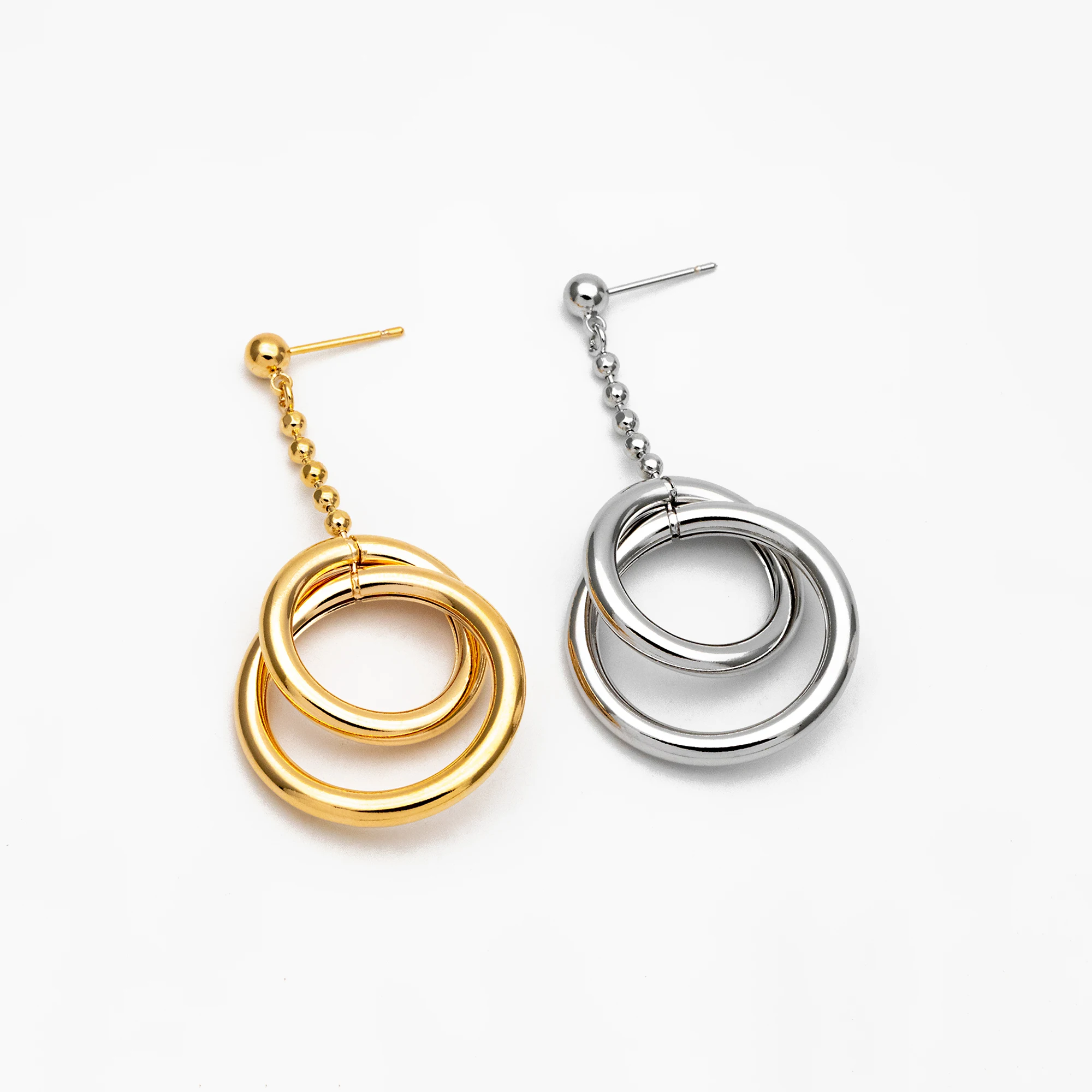 4pcs Gold/ Silver Tone Double Circle Earrings, Gold Plated Brass Drop Earrings, Long Dangle Earring (GB-4297)