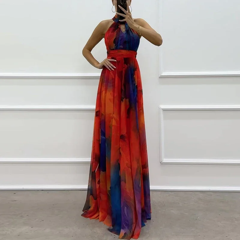 Vestido de fiesta plisado elegante de gasa con hombros descubiertos, vestido largo bohe con estampado de flores a la moda para mujer, vestidos largos acampanados para mujer