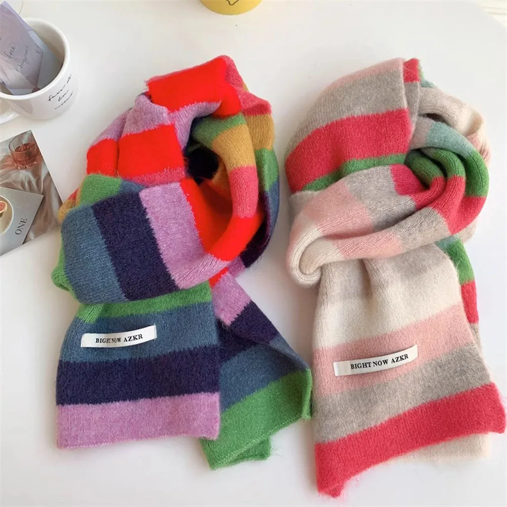 

Rainbow Stripes Mohair Scarf Men And Women In Winter Colour Blocking Stripes Wool Short Scarf Students Warm Short Scarf