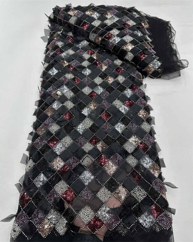 Luxury French Mesh Lace Fabric with African Nigerian Sequins for Wedding Dress Embroidery Sewing Material