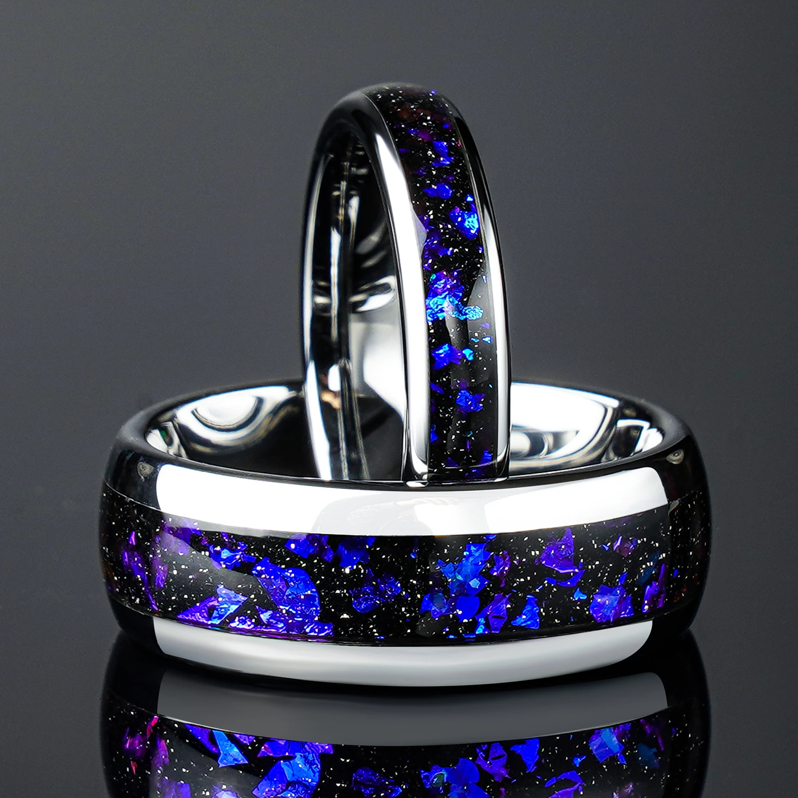 4/8mm Colorful Nebula Outer Space Silver Tungsten Wedding Engagement Ring, Anniversary Birthday Gift For Him And Her