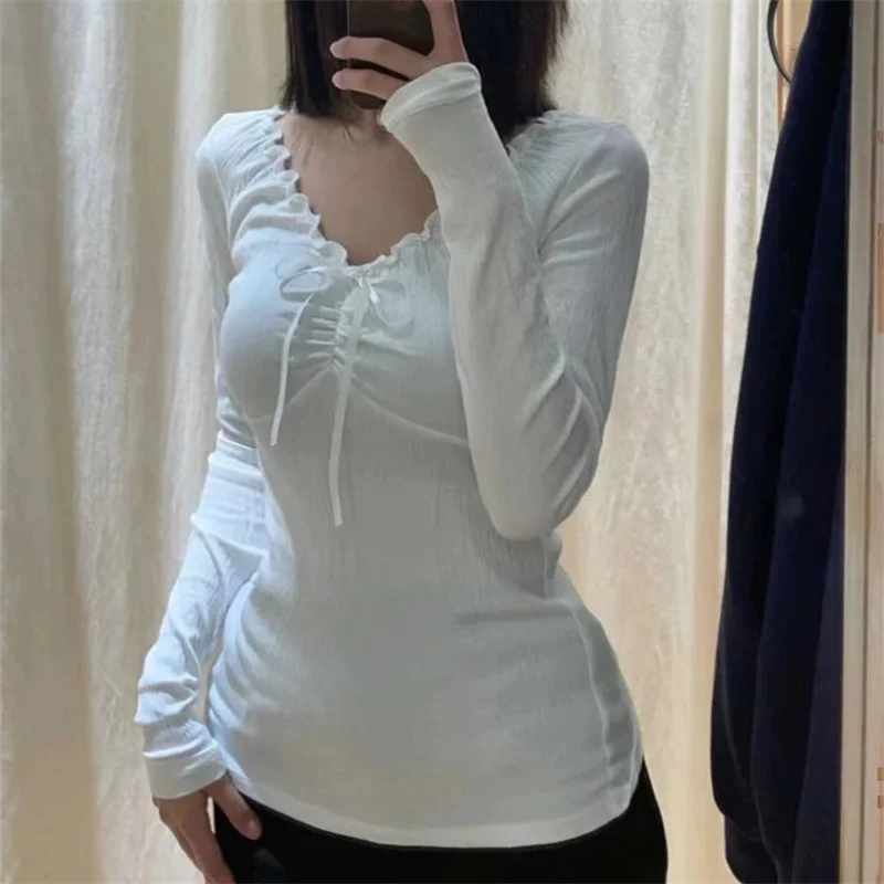 Sweet Women Beige Tops 2024 Fashion Summer Ladies Long Sleeve Stringy Selvedge Shirt Casiual Female Cute Lacing Knot T-Shirt