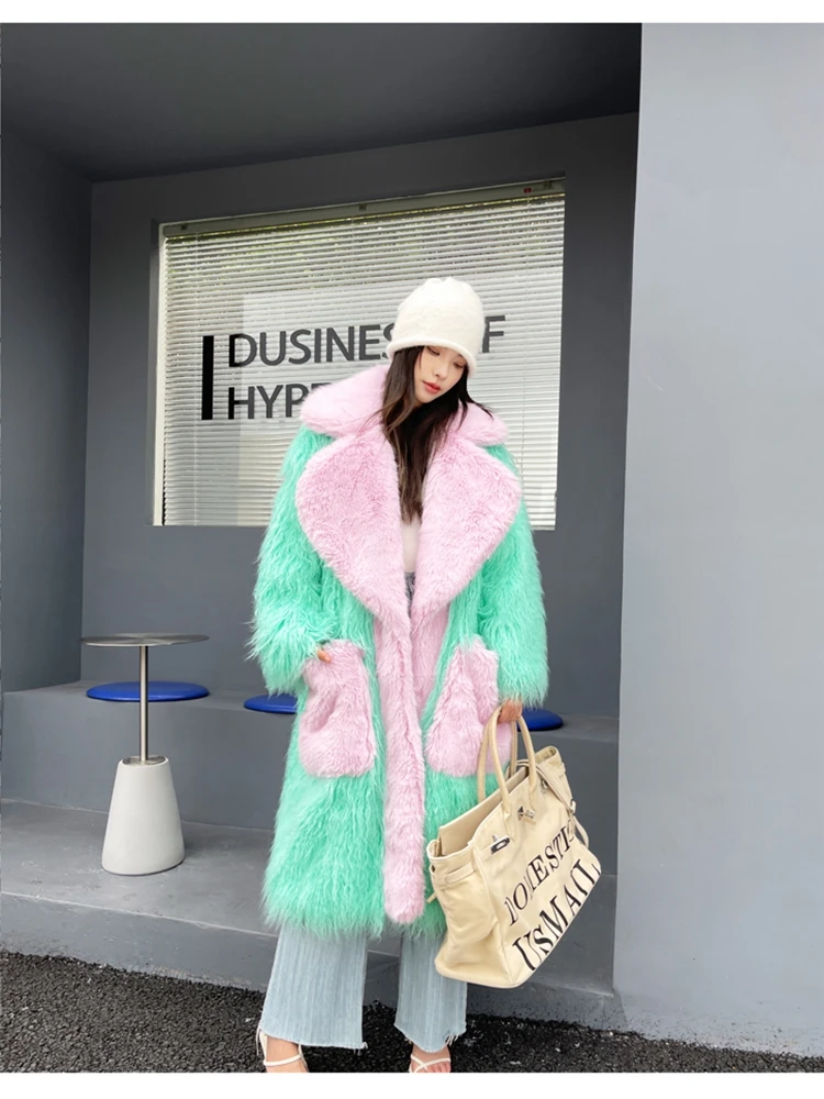 Original Design Light Green Eco-friendly Faux Fur Coat Female Loose Lapel Long Jacket Lady Shaggy Outerwea Women\'s Winter Coats