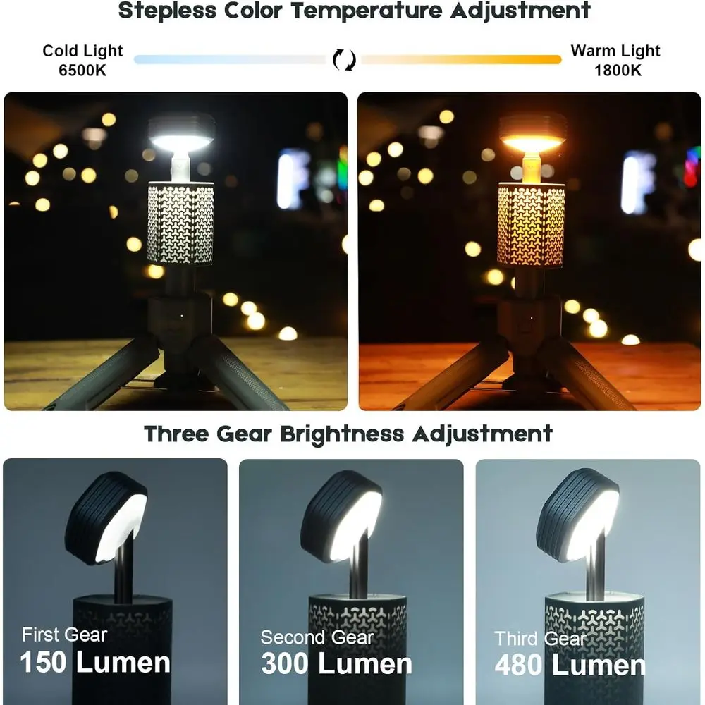 โคมไฟตั้งแคมป์แบบชาร์จไฟได้แบบพกพาพร้อมแบตเตอรี่ 10500mAh, ไฟ LED กันน้ำ, ฐานแม่เหล็ก และกระเป๋าเก็บของ - สีเทา