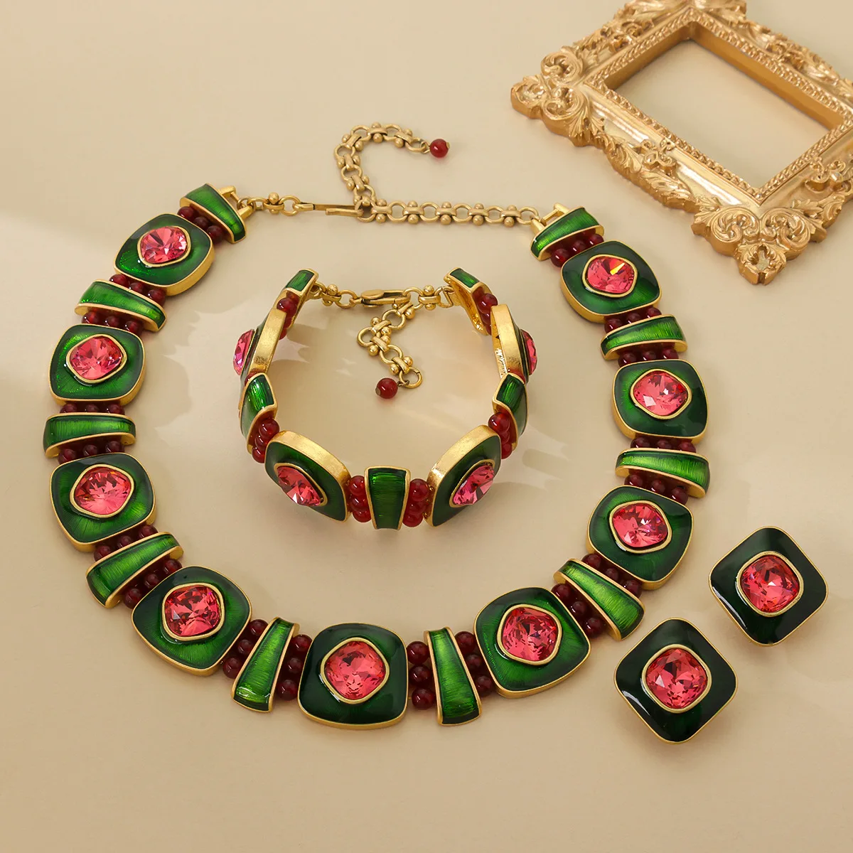 European  fashion geometric square enamel inlaid gemstone necklace bracelet earrings temperament set jewelry