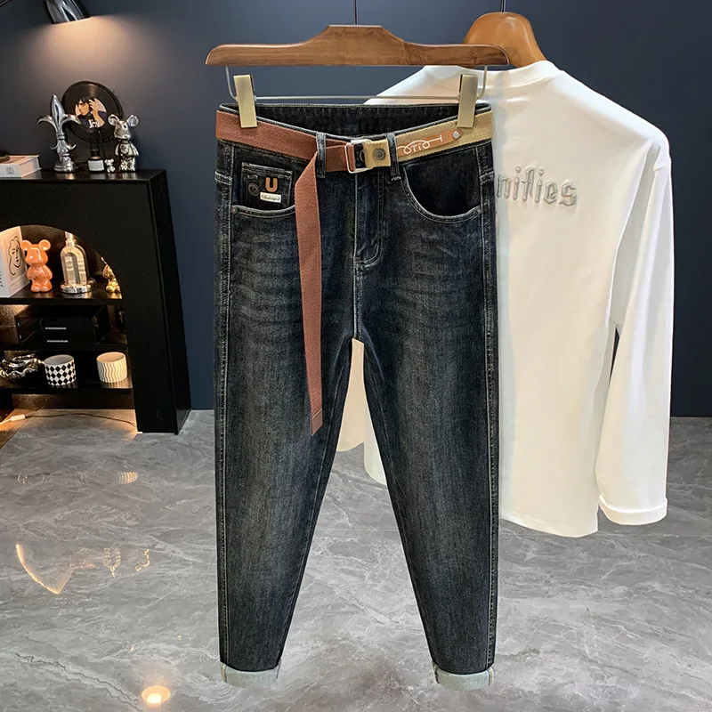 2025年秋のニューアメリカン トレンド カジュアル ブルー ジーンズ メンズ、万能、テーラード、スリム、テーパード スモールレッグパンツ