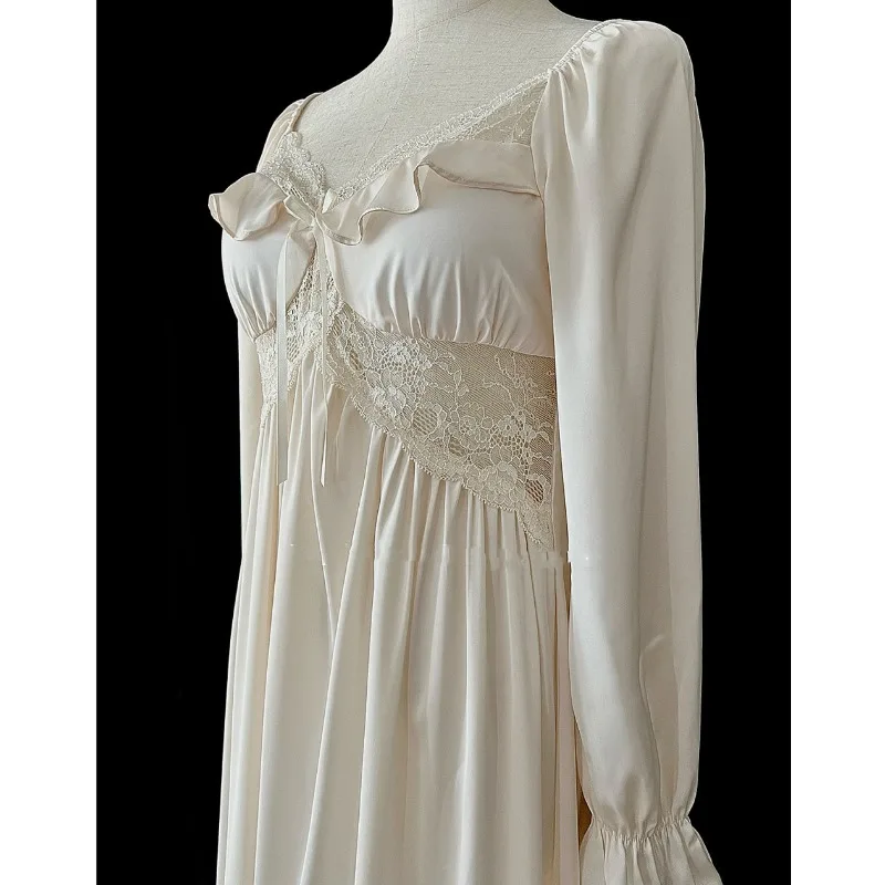 Spring Summer 2024 New Vintage Pajamas Women\'s Ice Silk Loungewear Long Sleeves Long Skirt V-neck Nightdress Court Style Skirt