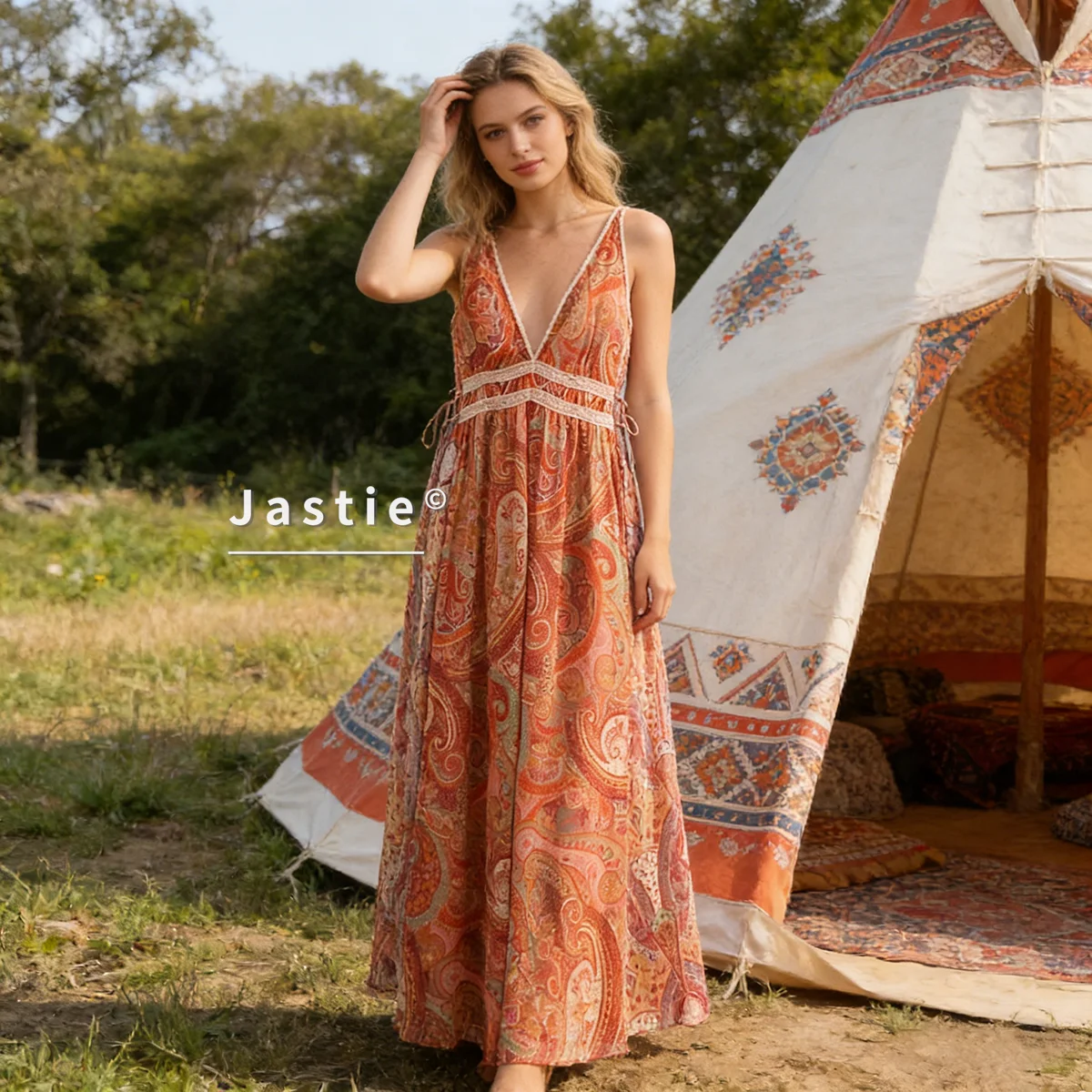 Vintage Paisley Print Maxi Dress Women Sexy Deep V Neck Backless Boho Summer Beach Long Sundress Hippie Chic Party Vestidos