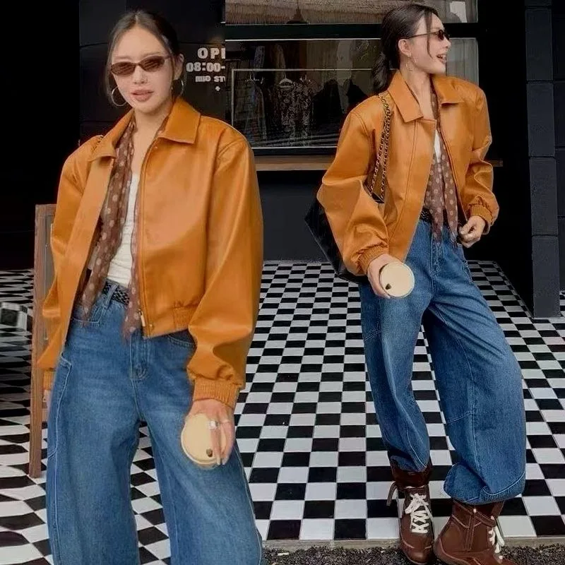 

Короткая модная кожаная куртка, осень 2023, новая свободная повседневная куртка