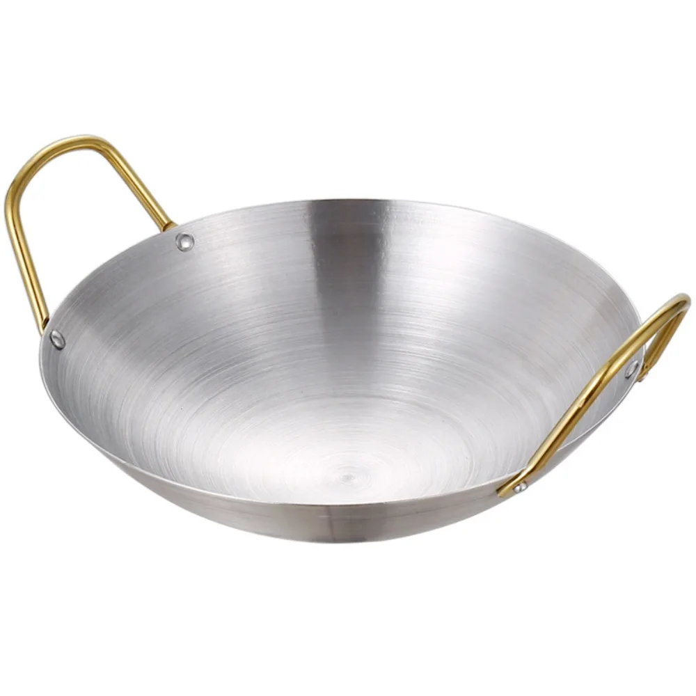 

Hot Pot Stainless Steel Dry Pots Round Bottom with Two Golden Handles Saucepan Korean Soup Pan Picnic