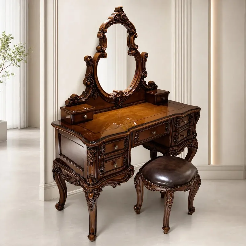 Solid Wood European Style Dresser with Carved Design Bedroom Furniture Set Including Vanity Mirror and Stool in Rosewood
