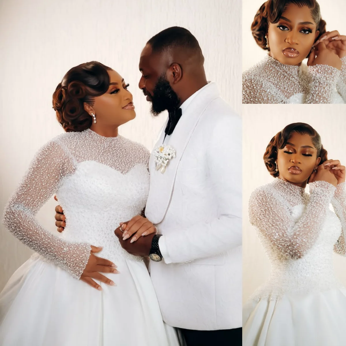 

Customized Women's White Elegant Fluffy Dress Wedding Dress Round Neck Long Sleeved Satin Pearl Decoration Vestido De Novia