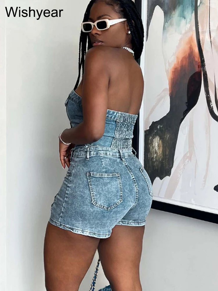 Fashion Pocket Irregular Shorts and Tube Tops 2 Two Piece Sets Denim Stretch Women Summer Birthday Club Outfit Female Streetwear