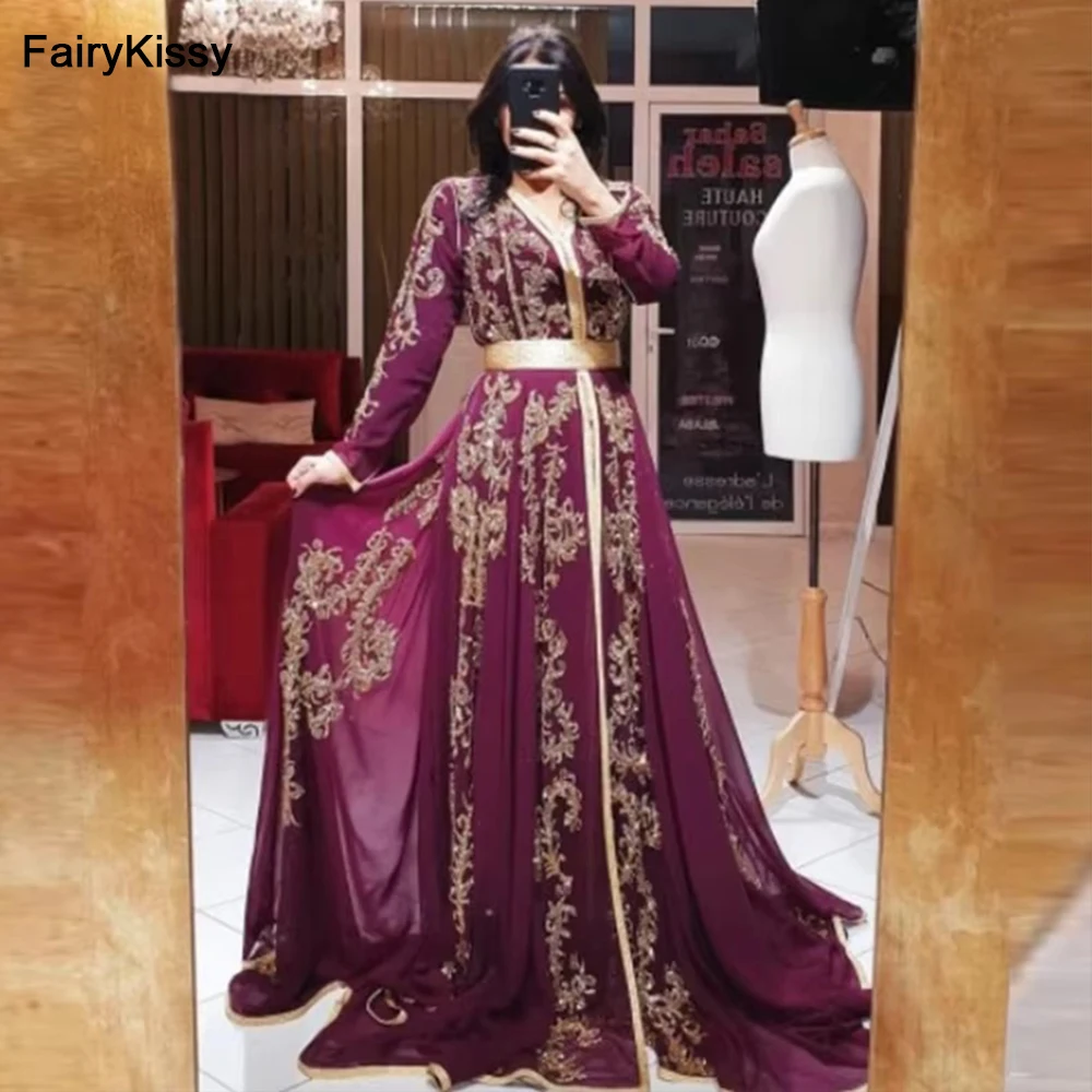 

FairyKissy Fuchsia Embroidered Muslim Long Evening Dresses Elegant Long Sleeves Dubai Formal Dress A-Line Prom Party Gowns