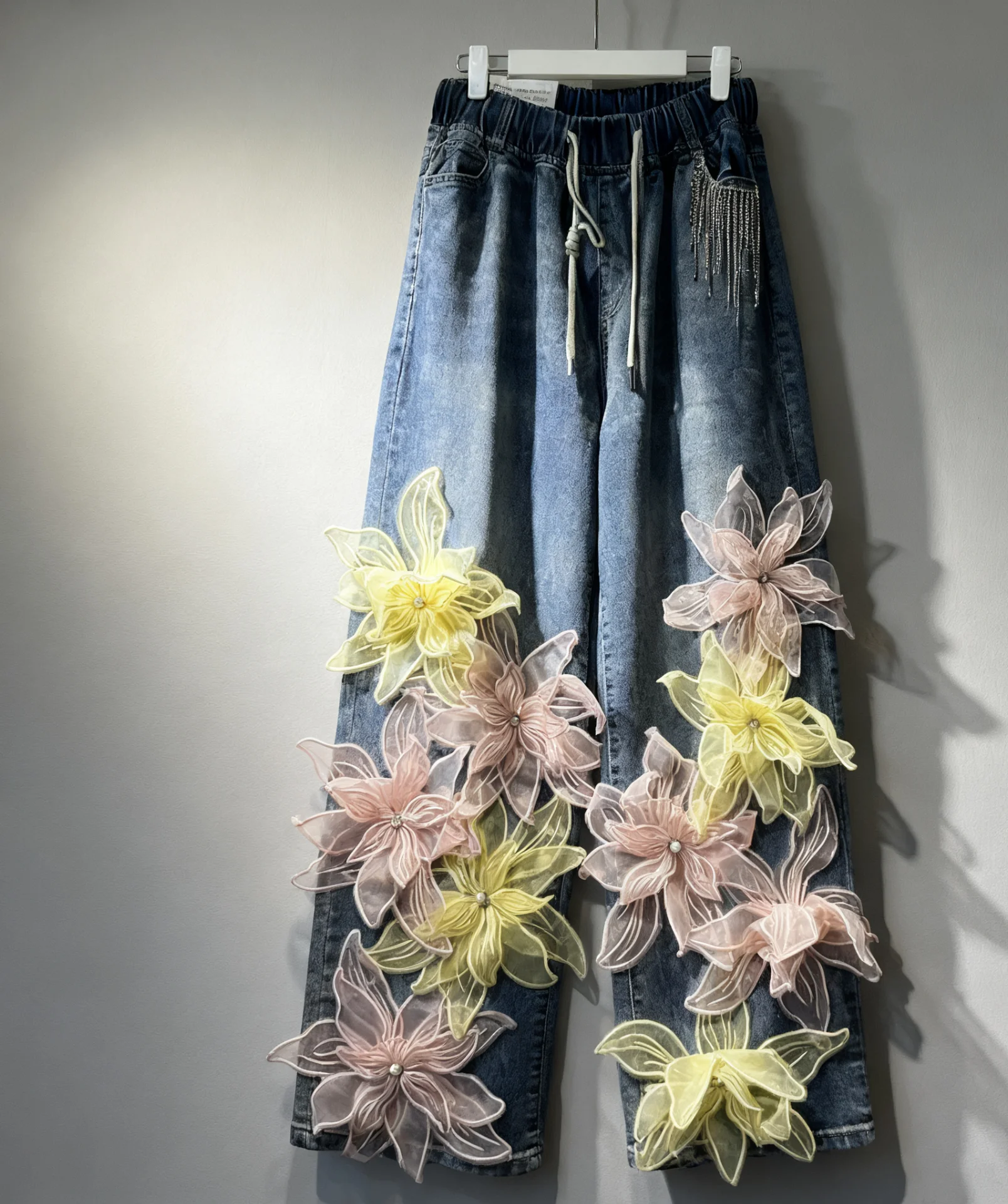 

Europe Fashion Trendy Women Denim Trousers All-match Elastic Waist Wide Leg Jeans New Spring Autumn Floor-length Straight Pants