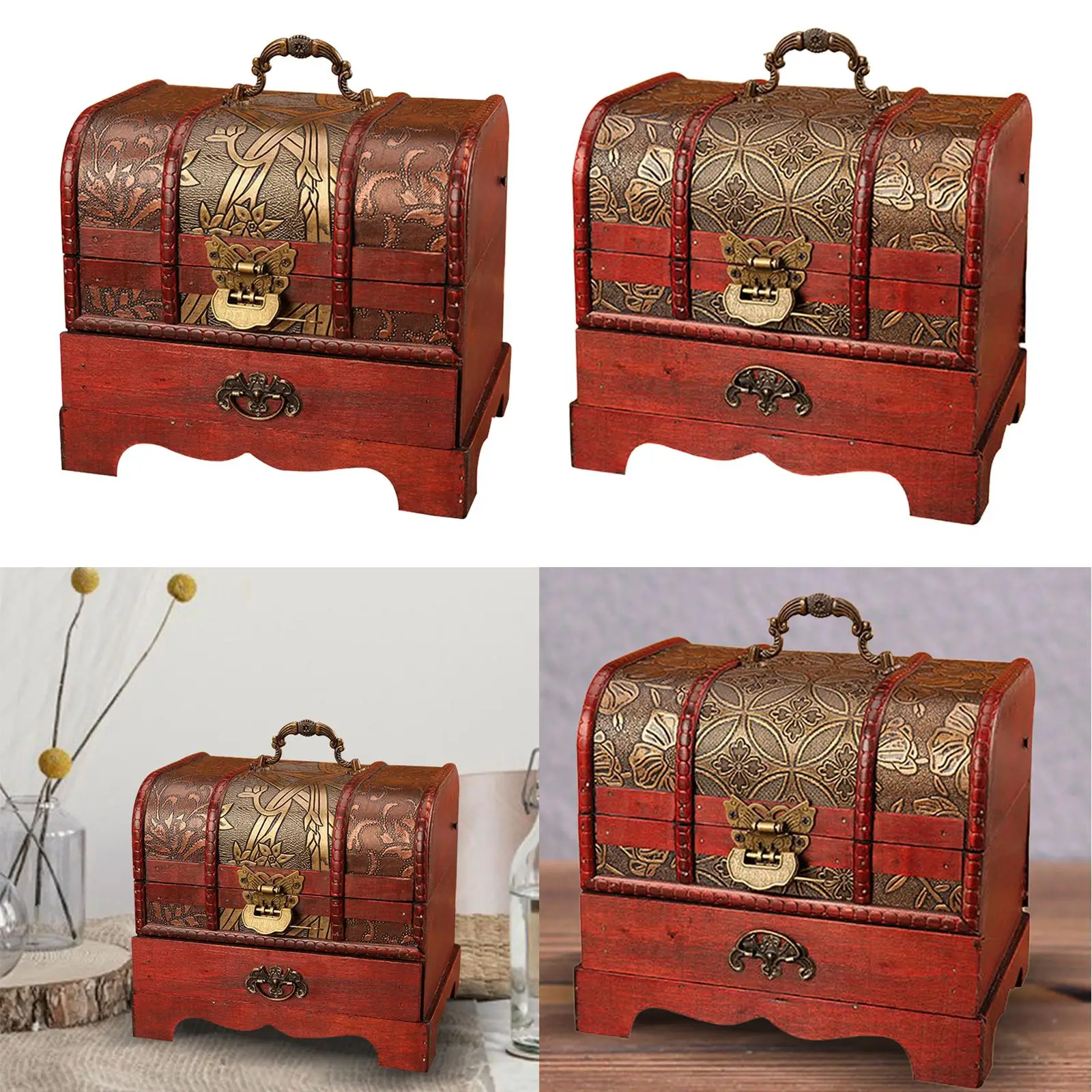 Traditional Wooden Jewelry Box with Drawer with Hinged Lid Organizing Size 20.5x16x18.5cm Dresser Ornaments Treasure Chest