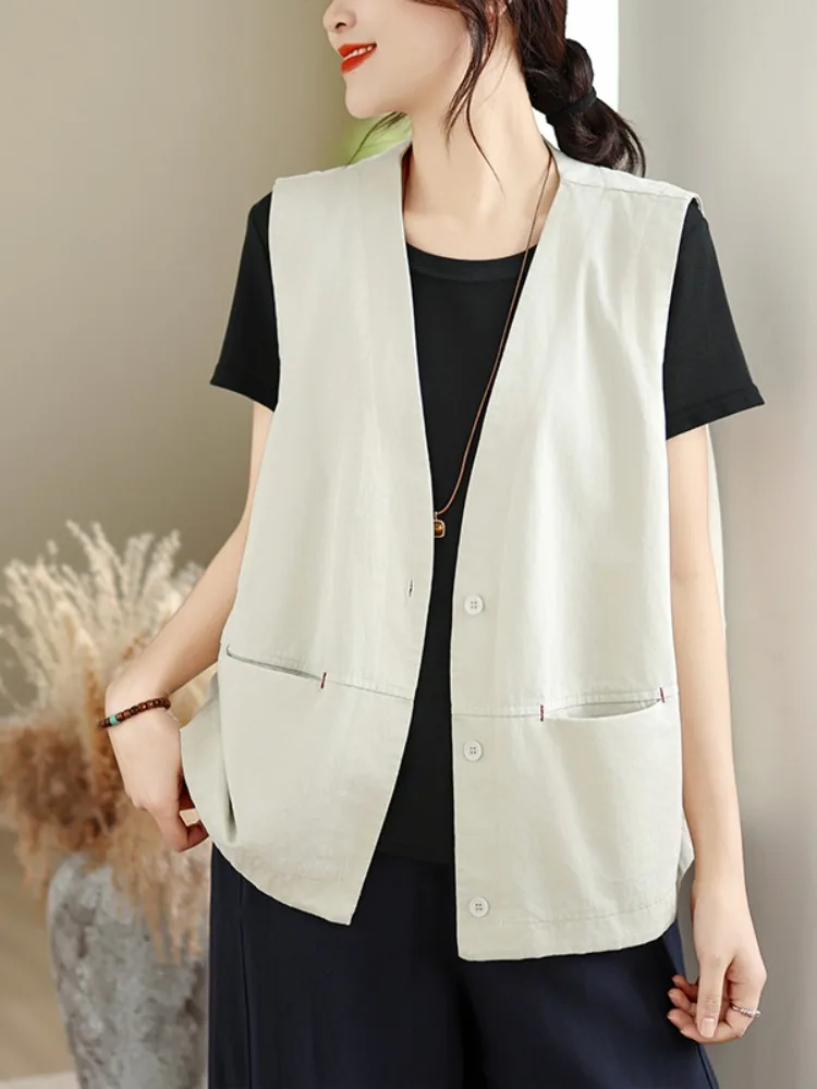 

Summer Thin Cotton Linen Casual V-Neck Sleeveless Vest Women Outerwear Loose Fit Pure Color Open Cardigan Style Cool Feeling