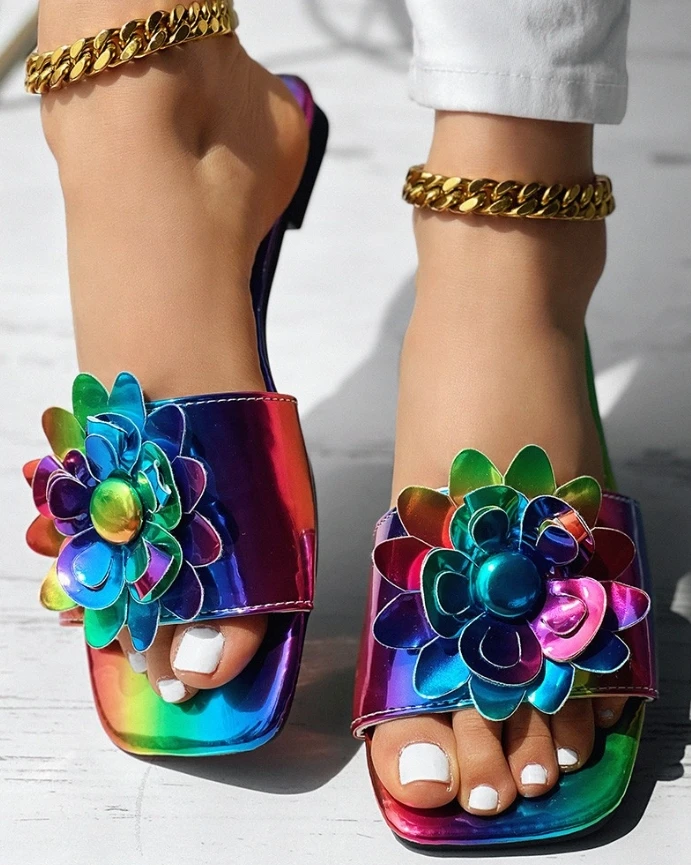 Rainbow Ombre Floral Pattern Square Toe Slippers