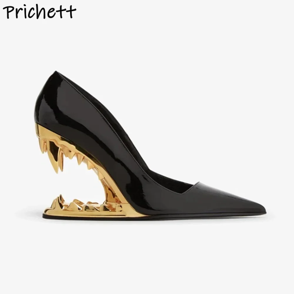 Tiger Teeth Patchwork Pumps Silvery Gold Pointy Toe Strange Style Heels Slip Oon Patent Leather Shoes Women's Fashion Chic Shoes